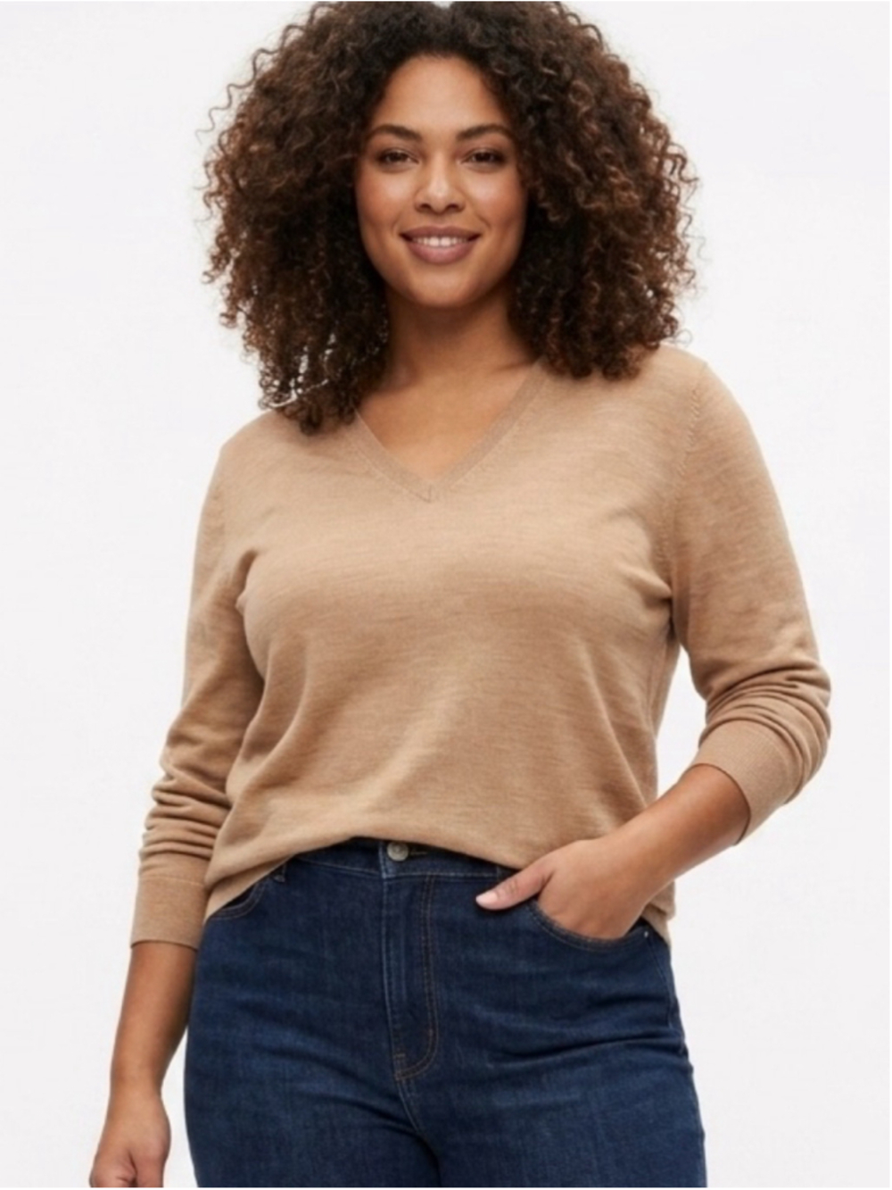 Women's Lord & Taylor Extra Fine Merino Wool V-Neck Sweater 2X Tan Beige - 700